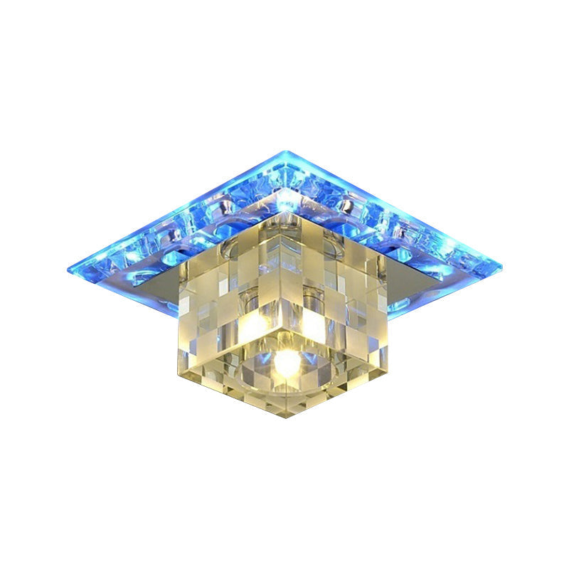 Modern Chrome Cube Ceiling Light With Faceted Crystal Shade And Led Flush Mount