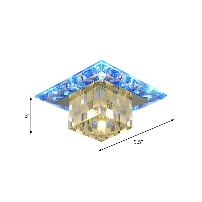 Modern Chrome Cube Ceiling Light with Faceted Crystal Shade and LED Flush Mount