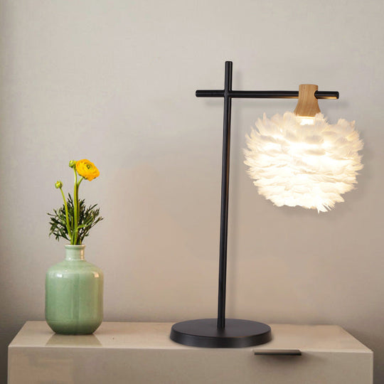 Julia - Nordic Mini Globe Night Light Feather Table Lamp: Black-White