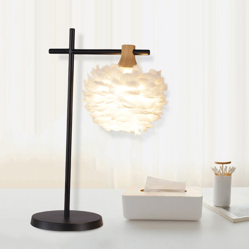 Julia - Nordic Mini Globe Night Light Feather Table Lamp: Black-White