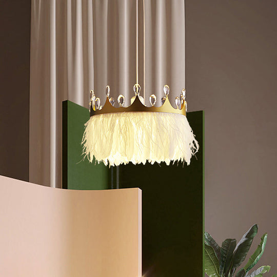 Gold Crown Shaped Kids Bedroom Pendant Lamp Feather Nordic Hanging Light - 1-Light Fixture - 16"/19.5" Width