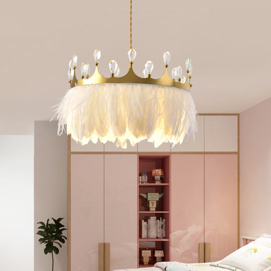 Gold Crown Shaped Kids Bedroom Pendant Lamp Feather Nordic Hanging Light - 1-Light Fixture - 16"/19.5" Width