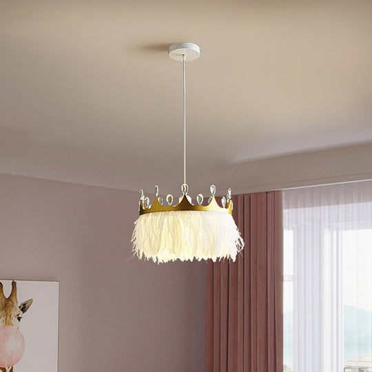 Gold Crown Shaped Kids Bedroom Pendant Lamp Feather Nordic Hanging Light - 1-Light Fixture - 16"/19.5" Width