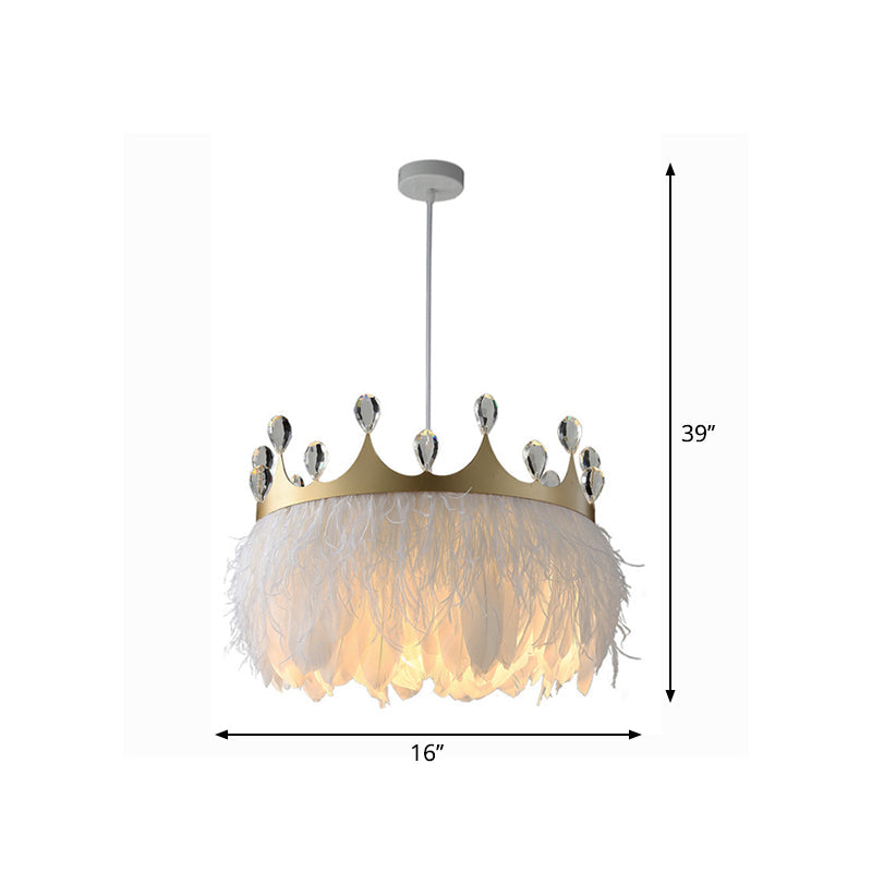 Gold Crown Shaped Kids Bedroom Pendant Lamp Feather Nordic Hanging Light - 1-Light Fixture - 16"/19.5" Width