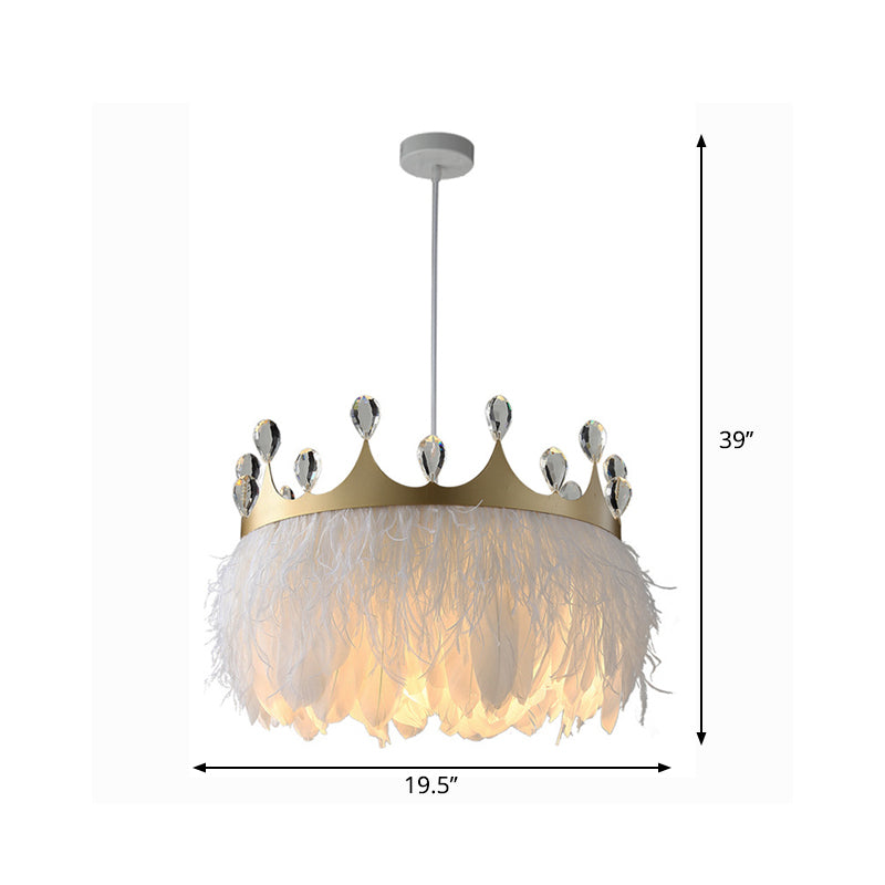 Gold Crown Shaped Kids Bedroom Pendant Lamp Feather Nordic Hanging Light - 1-Light Fixture - 16"/19.5" Width