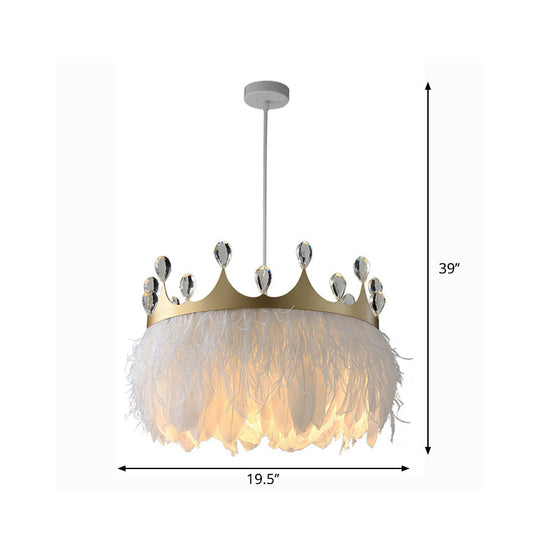 Golden Feather Crown Pendant Light For Kids Bedroom - 1-Light Nordic Hanging Fixture (16/19.5 W)