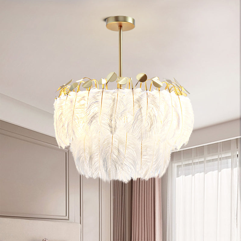 Modern 2-Tier Feather Chandelier: 3-Head Gold Suspended Lighting Fixture For Bedroom