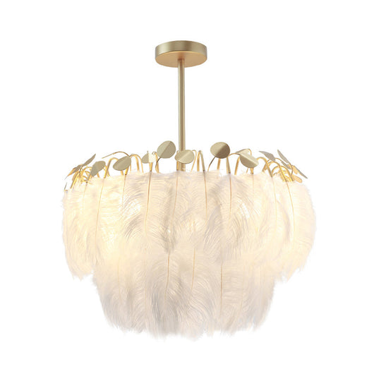 Modern 2-Tier Feather Chandelier: 3-Head Gold Suspended Lighting Fixture For Bedroom