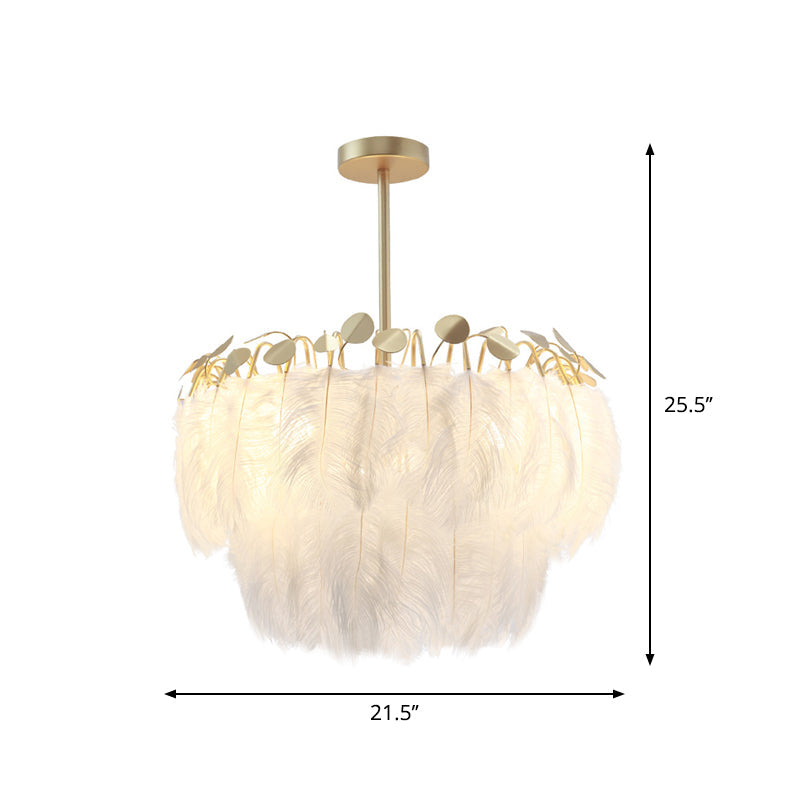 Modern 2-Tier Feather Chandelier: 3-Head Gold Suspended Lighting Fixture For Bedroom