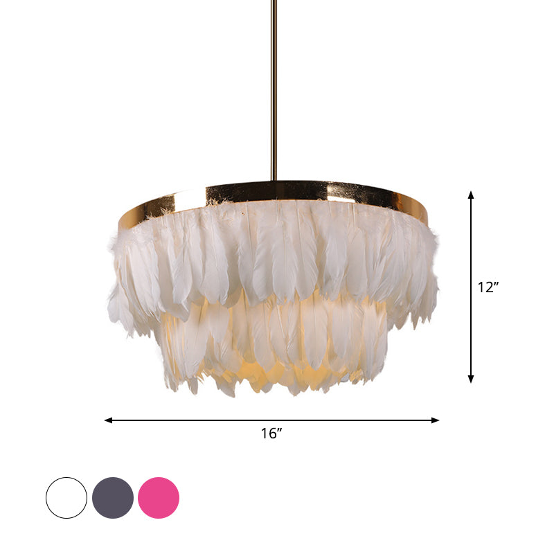 Nordic Feather Tiered Chandelier - 16/19.5 W 3 Bulbs Grey/White/Red Pendant Light For Bedroom