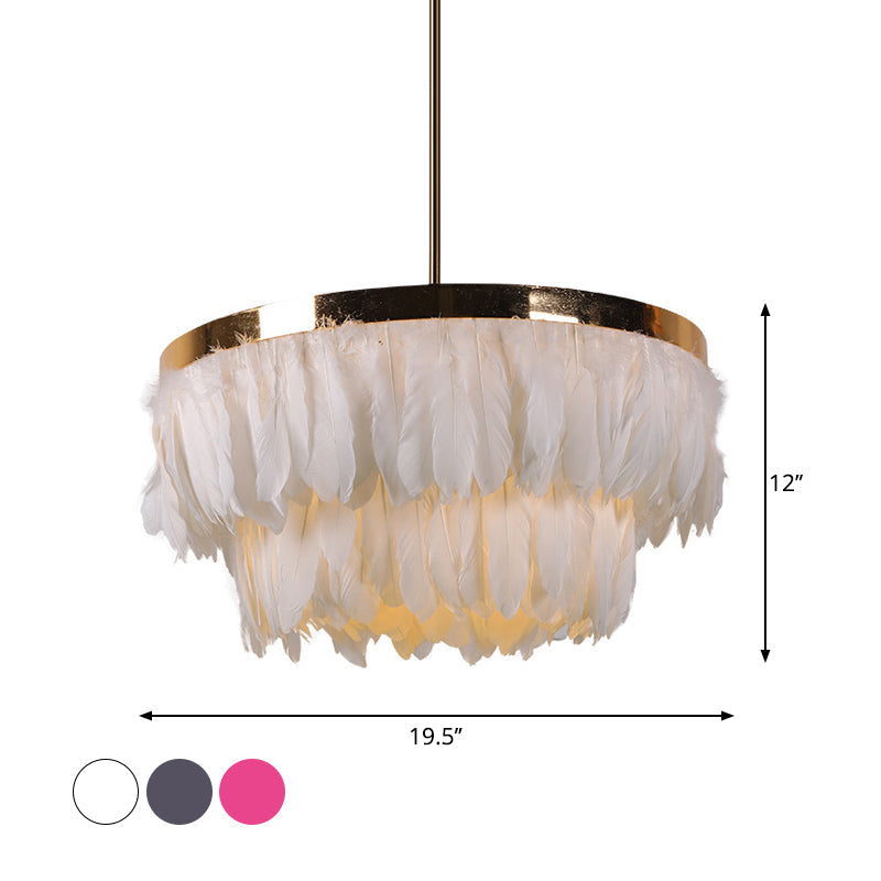 Nordic Feather Tiered Chandelier - 16/19.5 W 3 Bulbs Grey/White/Red Pendant Light For Bedroom