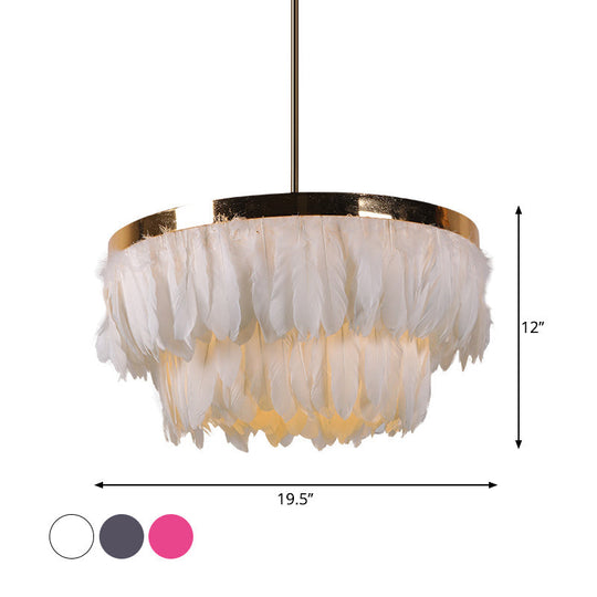 Nordic Feather Tiered Chandelier - 16/19.5 W 3 Bulbs Grey/White/Red Pendant Light For Bedroom