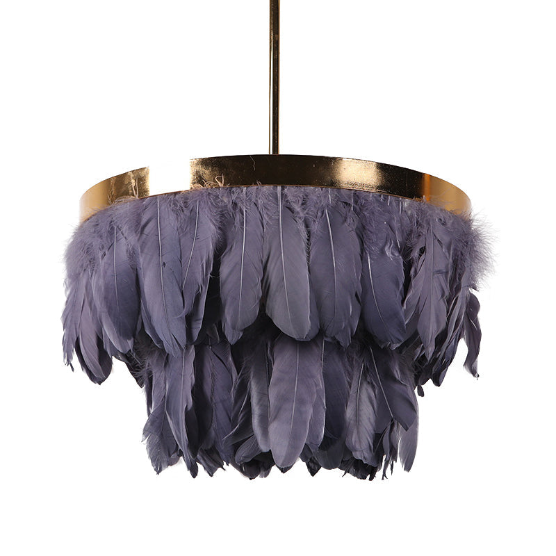 Nordic Feather Tiered Chandelier - 16/19.5 W 3 Bulbs Grey/White/Red Pendant Light For Bedroom