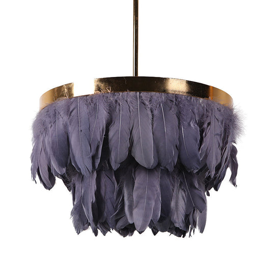 Nordic Feather Tiered Chandelier - 16/19.5 W 3 Bulbs Grey/White/Red Pendant Light For Bedroom