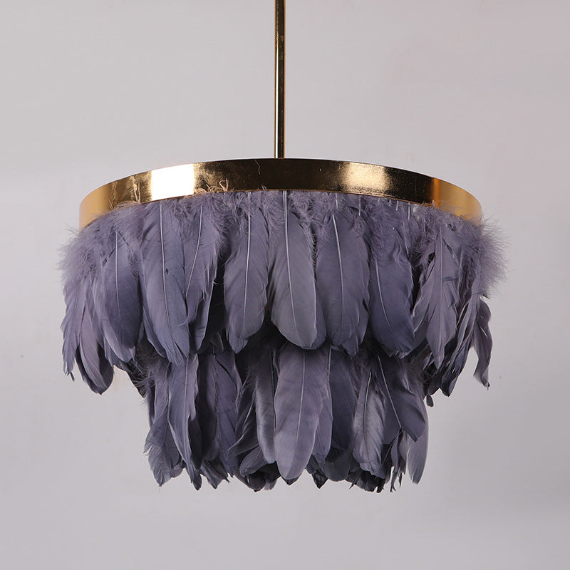 Nordic Feather Tiered Chandelier - 16/19.5 W 3 Bulbs Grey/White/Red Pendant Light For Bedroom