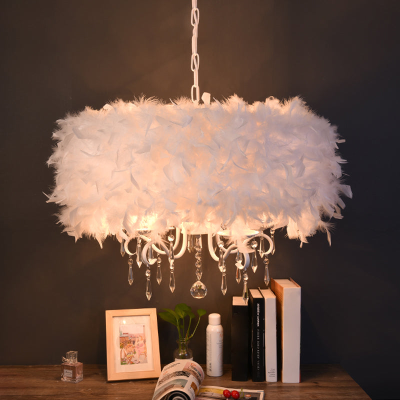 Modern Feather Hanging Light Fixture with Crystal Accent - White/Chrome Candelabra Chandelier (3/5 Lights)