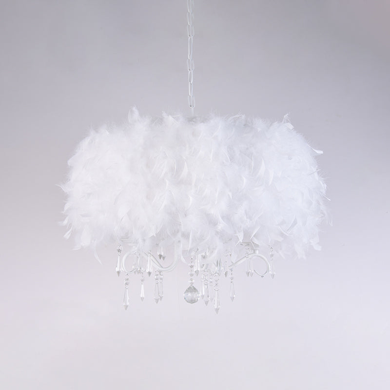 Modern Feather Hanging Light Fixture with Crystal Accent - White/Chrome Candelabra Chandelier (3/5 Lights)