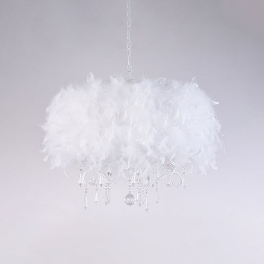 Modern White/Chrome Feather Candelabra Chandelier With Crystal Accents - 3 Or 5 Lights