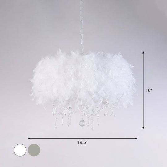 Modern Feather Hanging Light Fixture with Crystal Accent - White/Chrome Candelabra Chandelier (3/5 Lights)