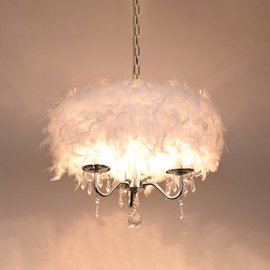 Modern Feather Hanging Light Fixture with Crystal Accent - White/Chrome Candelabra Chandelier (3/5 Lights)