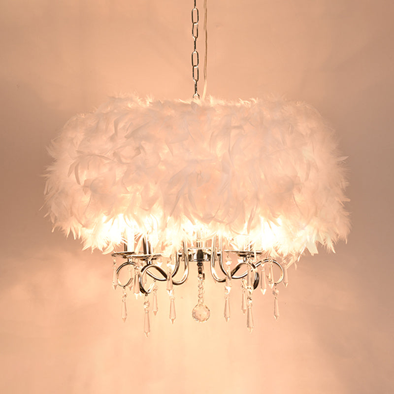 Modern Feather Hanging Light Fixture with Crystal Accent - White/Chrome Candelabra Chandelier (3/5 Lights)