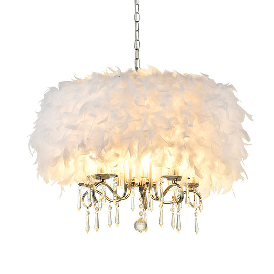 Modern Feather Hanging Light Fixture with Crystal Accent - White/Chrome Candelabra Chandelier (3/5 Lights)