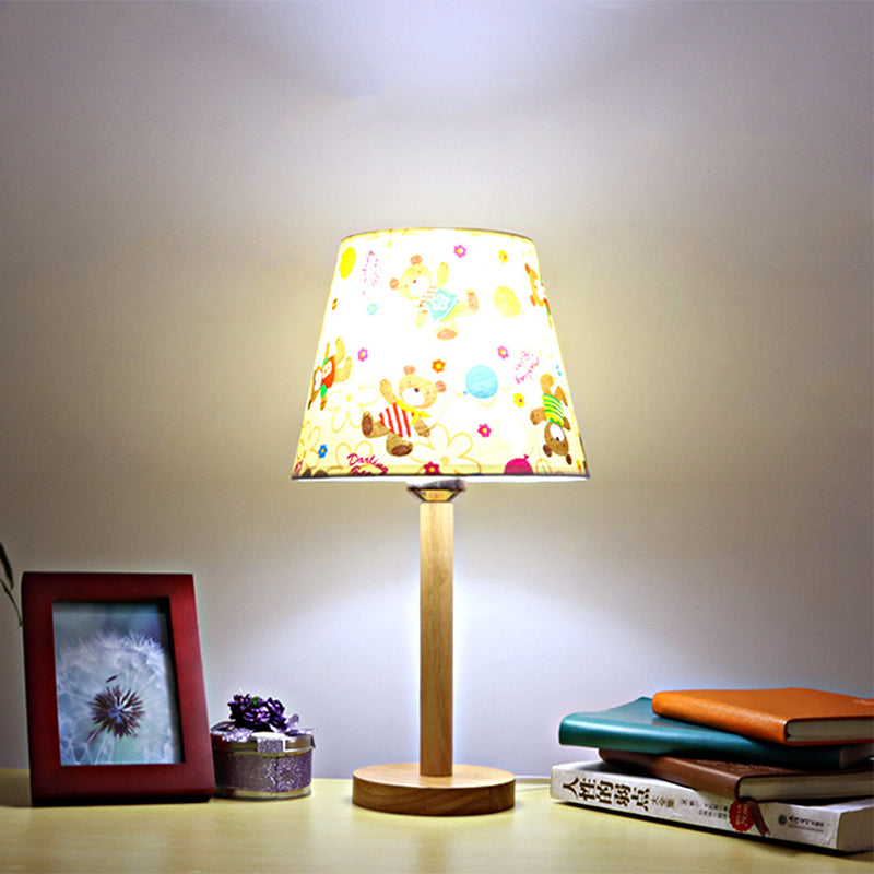 Contemporary Tapered Shade Table Light With Single Head Wood Finish For Study Room Desk White / Bear