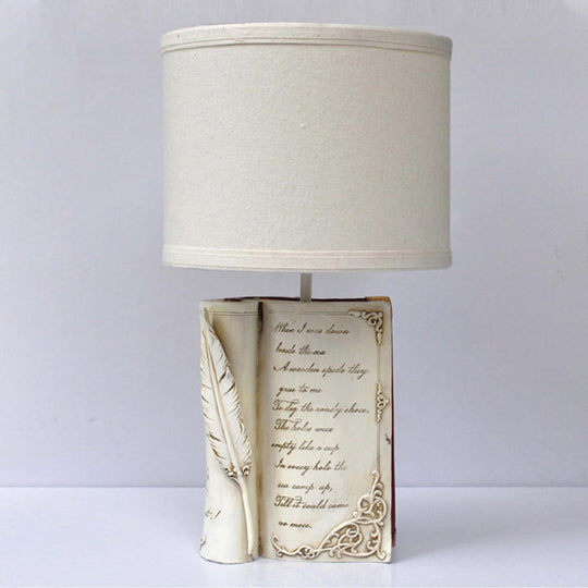 Childrens White Reading Light With Drum Shade And Book Base - Study Room Or Bedroom Lighting