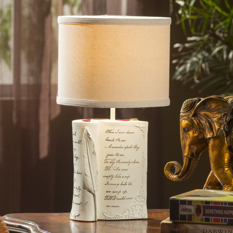 Childrens White Reading Light With Drum Shade And Book Base - Study Room Or Bedroom Lighting