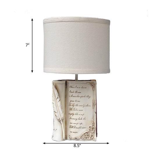 Childrens White Reading Light With Drum Shade And Book Base - Study Room Or Bedroom Lighting