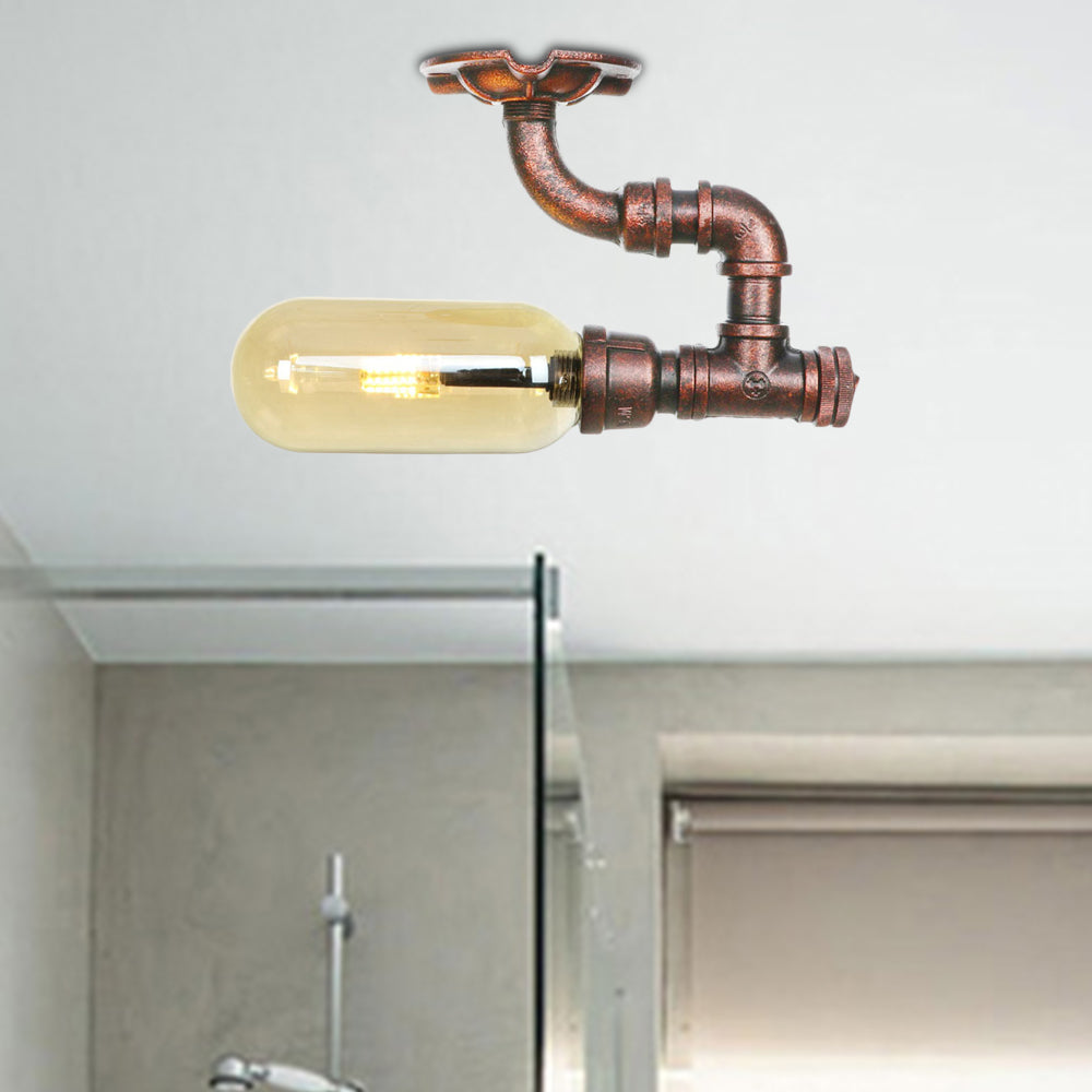 Amber Glass Semi Flush Oval Shade Light Fixture in Weathered Copper with Industrial Pipe Design for Living Room