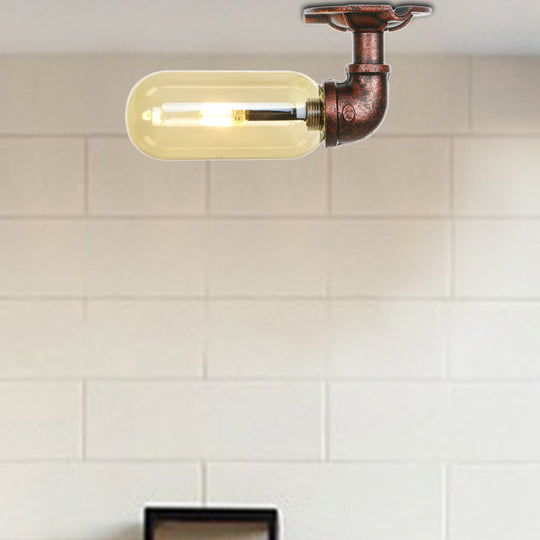 Amber Glass Semi Flush Oval Shade Light Fixture in Weathered Copper with Industrial Pipe Design for Living Room