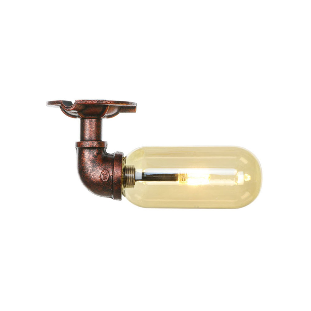 Amber Glass Semi Flush Oval Shade Light Fixture in Weathered Copper with Industrial Pipe Design for Living Room