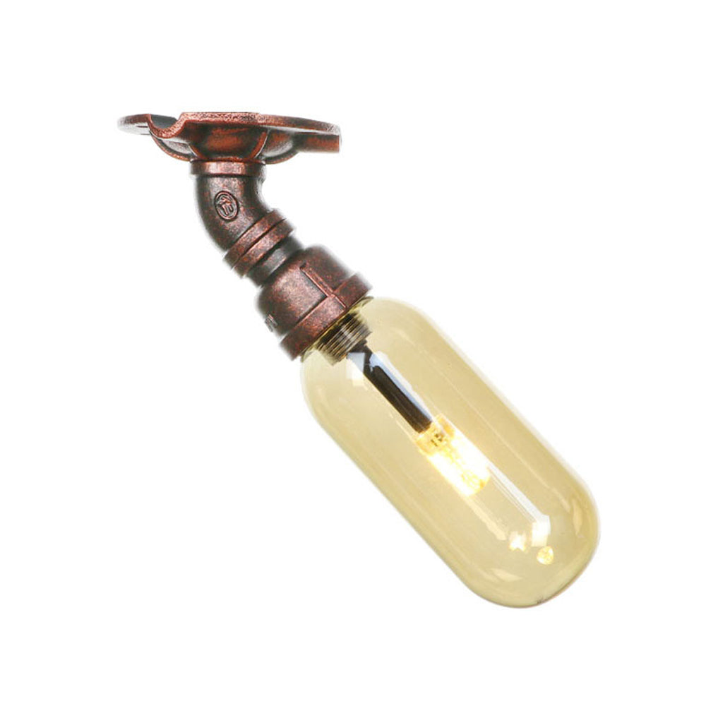 One Light Capsule Semi Flush Industrial Weathered Copper Amber Glass Light Fixture with Pipe Design