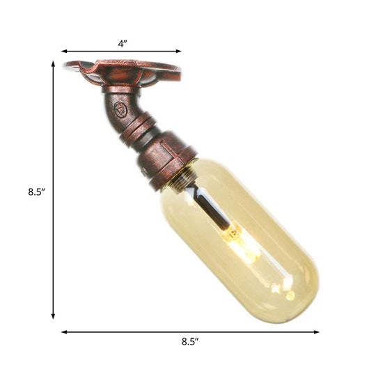 One Light Capsule Semi Flush Industrial Weathered Copper Amber Glass Light Fixture with Pipe Design