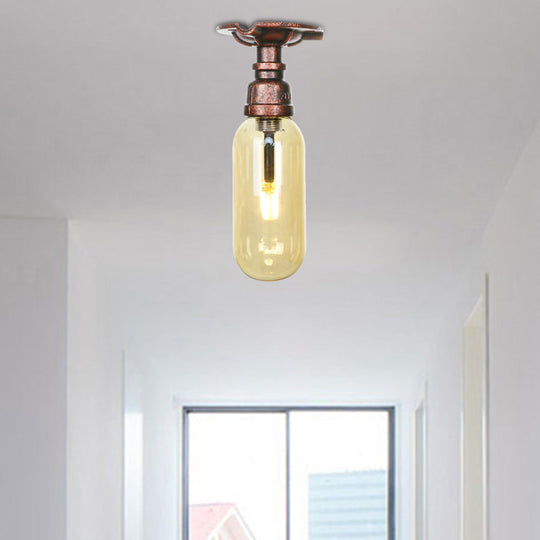 One Light Capsule Semi Flush Industrial Weathered Copper Amber Glass Light Fixture with Pipe Design