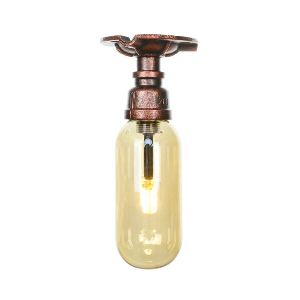 One Light Capsule Semi Flush Industrial Weathered Copper Amber Glass Light Fixture with Pipe Design