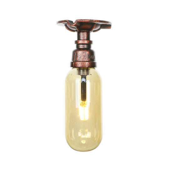 One Light Capsule Semi Flush Industrial Weathered Copper Amber Glass Fixture With Pipe Design