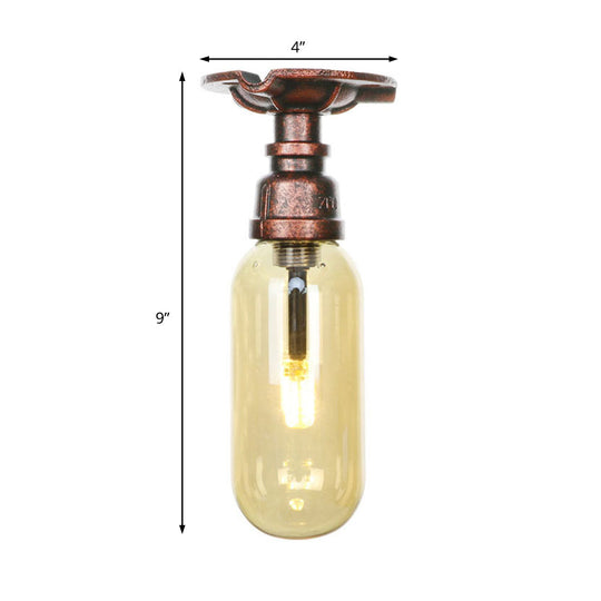 One Light Capsule Semi Flush Industrial Weathered Copper Amber Glass Light Fixture with Pipe Design