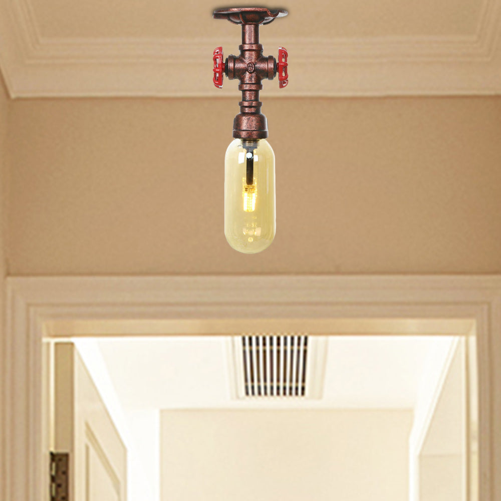 One Light Capsule Semi Flush Industrial Weathered Copper Amber Glass Light Fixture with Pipe Design