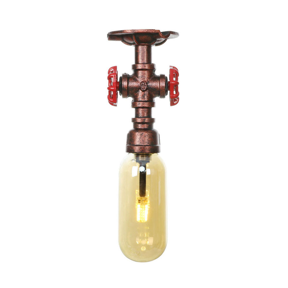 One Light Capsule Semi Flush Industrial Weathered Copper Amber Glass Light Fixture with Pipe Design