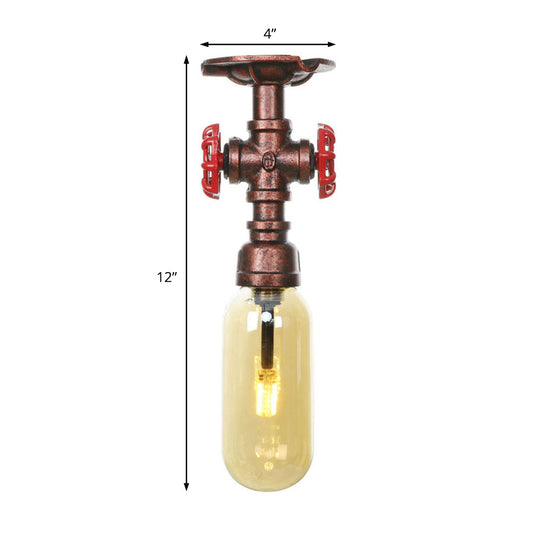 One Light Capsule Semi Flush Industrial Weathered Copper Amber Glass Light Fixture with Pipe Design