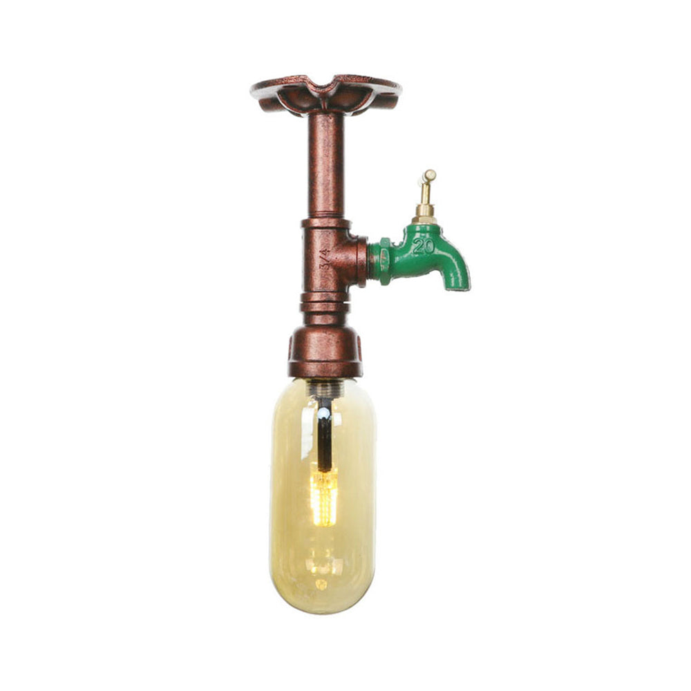 One Light Capsule Semi Flush Industrial Weathered Copper Amber Glass Light Fixture with Pipe Design