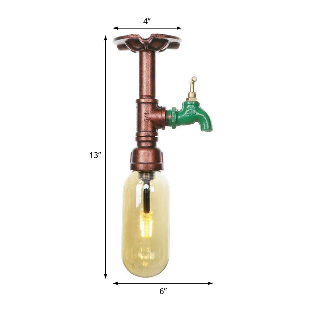 One Light Capsule Semi Flush Industrial Weathered Copper Amber Glass Light Fixture with Pipe Design