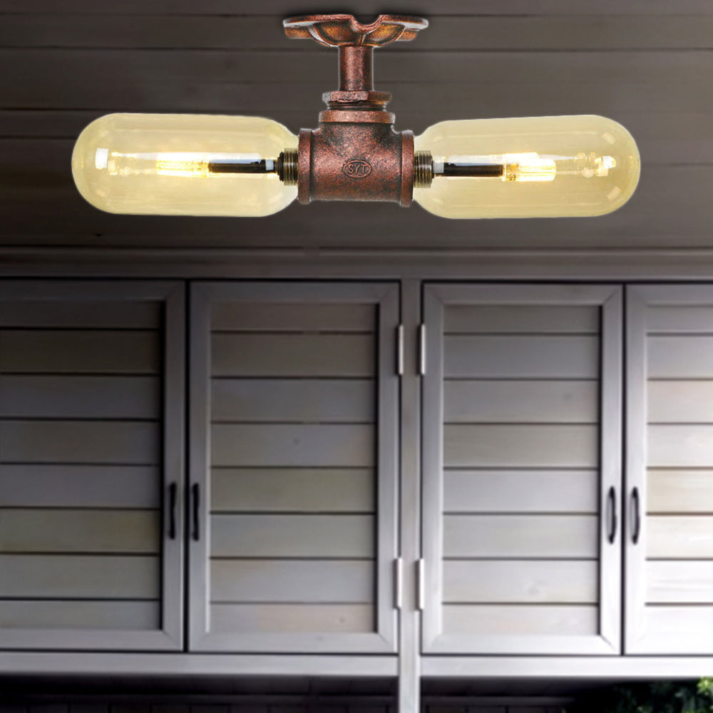 Rustic 2-Bulb Kitchen Ceiling Light with Amber Glass Shade and Weathered Copper Pipe Design