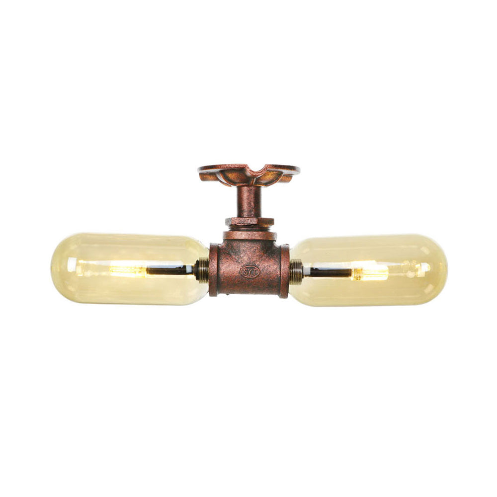 Rustic 2-Bulb Kitchen Ceiling Light with Amber Glass Shade and Weathered Copper Pipe Design