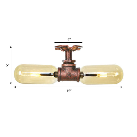 Rustic 2-Bulb Kitchen Ceiling Light with Amber Glass Shade and Weathered Copper Pipe Design