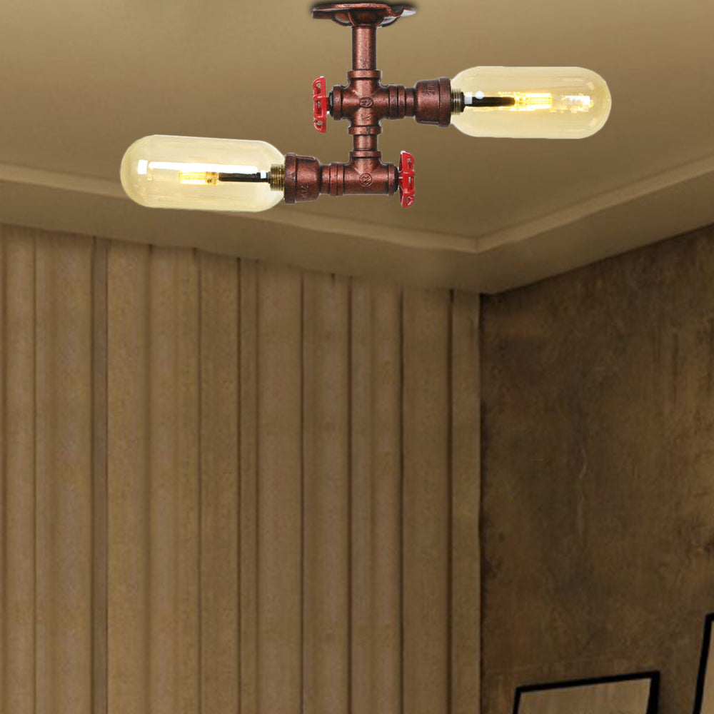 Rustic 2-Bulb Kitchen Ceiling Light with Amber Glass Shade and Weathered Copper Pipe Design