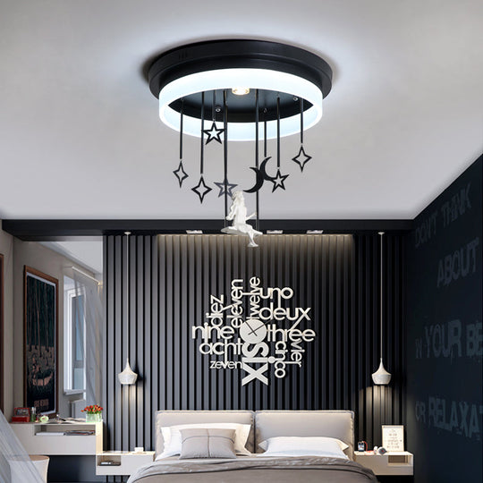 Romantic Black Circle Flush Ceiling Light With Star And Fairy Acrylic Led Lamp - Ideal For Boutiques