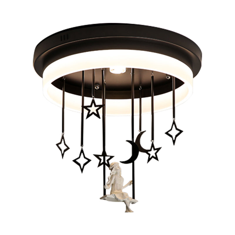 Romantic Black Circle Flush Ceiling Light With Star And Fairy Acrylic Led Lamp - Ideal For Boutiques